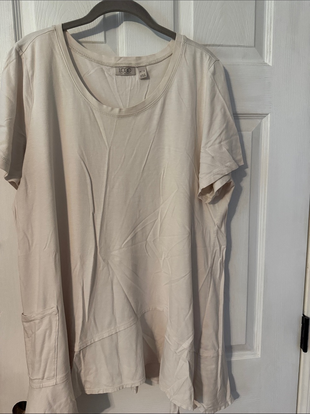 LOGO by Lori Goldstein Cream Short Sleeve Pocket Tunic w/Asymmetric Hem
